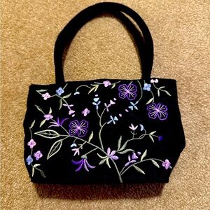 Cute embroidered, black and purple flowered handbag